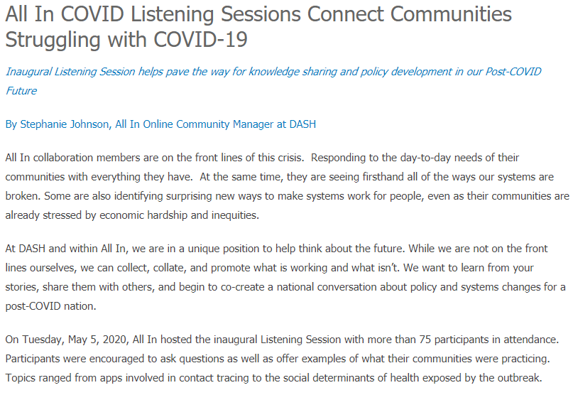 All In COVID Listening Sessions Connect Communities Struggling with COVID-19
