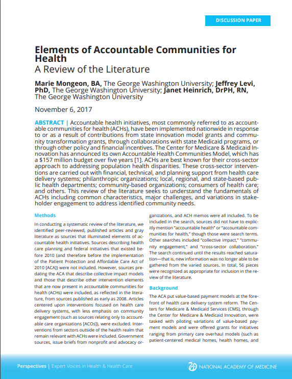 Elements of Accountable Communities for Health: A Review of the Literature