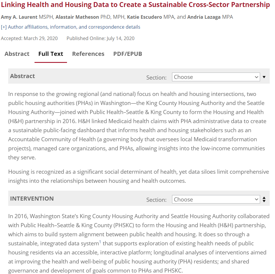 Linking Health and Housing Data to Create a Sustainable Cross-Sector Partnership