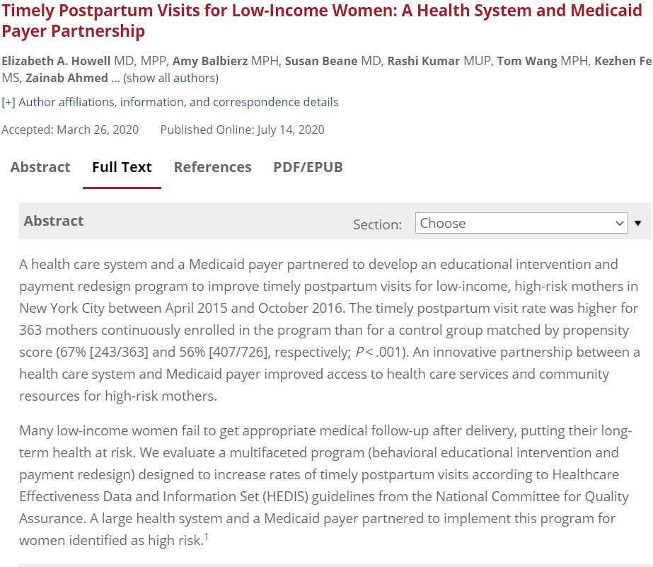 Timely Postpartum Visits for Low-Income Women: A Health System and Medicaid Payer Partnership