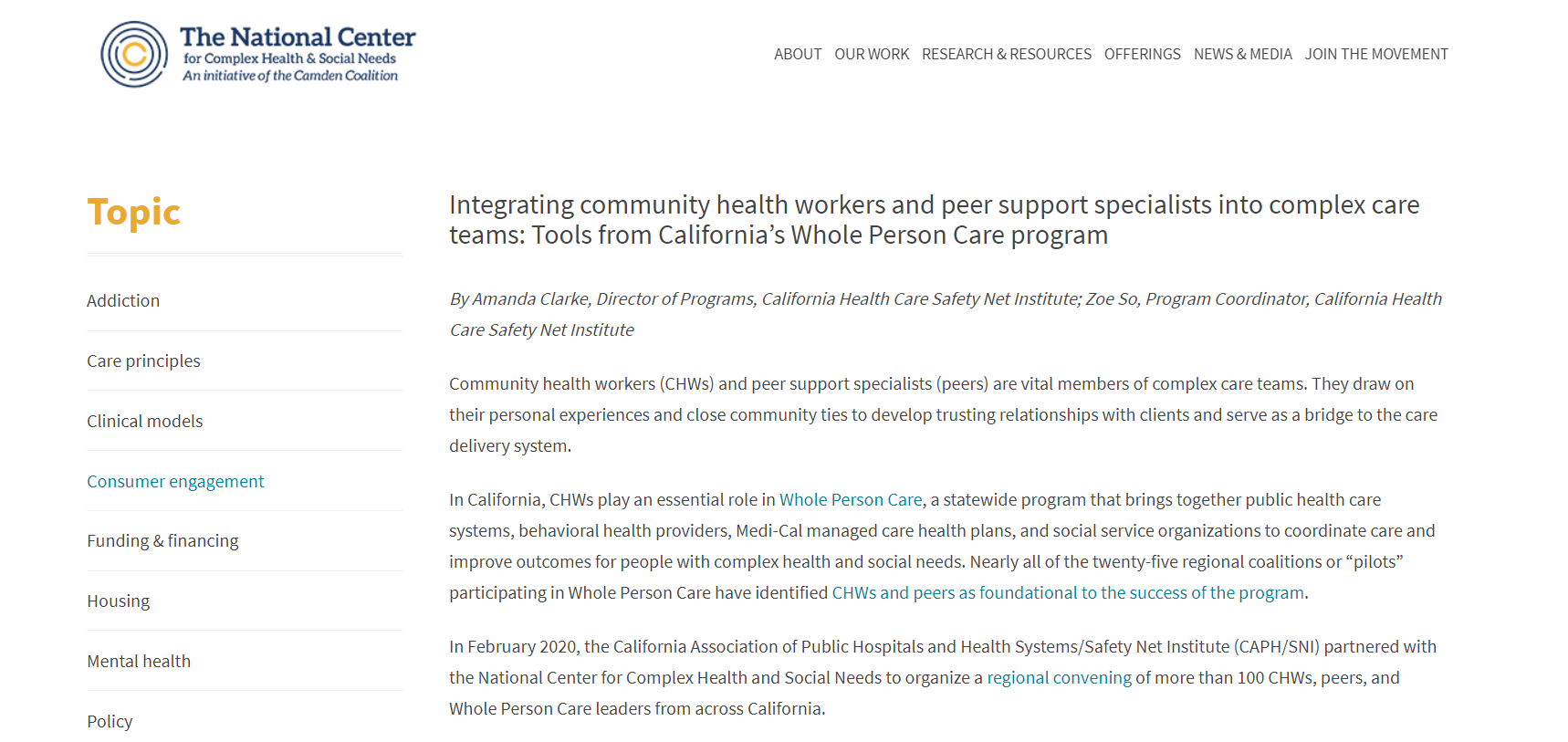 Integrating Community Health Workers and Peer Support Specialists into Complex Care Teams: Tools from California’s Whole Person Care Program