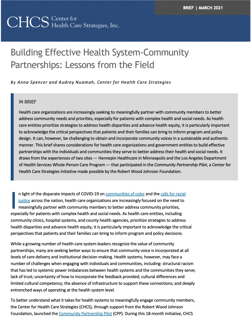 Building Effective Health System-Community Partnerships: Lessons from the Field