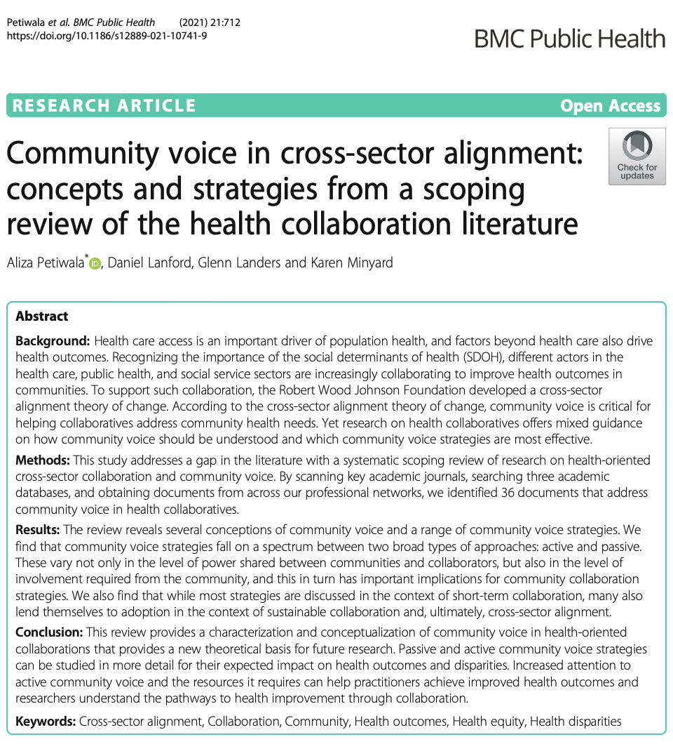 Community Voice In Cross-Sector Alignment: Concepts and Strategies from a Scoping Review of the Health Collaboration Literature