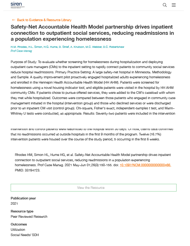 Safety-Net Accountable Health Model Partnership Drives Inpatient Connection to Outpatient Social Services, Reducing Readmissions in a Population Experiencing Homelessness
