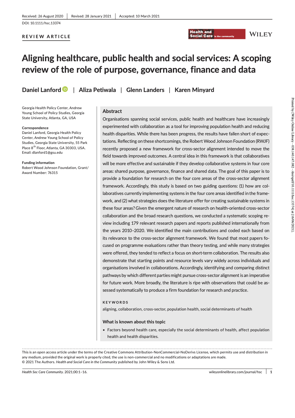 Aligning Healthcare, Public Health and Social Services: A Scoping Review of the Role of Purpose, Governance, Finance and Data