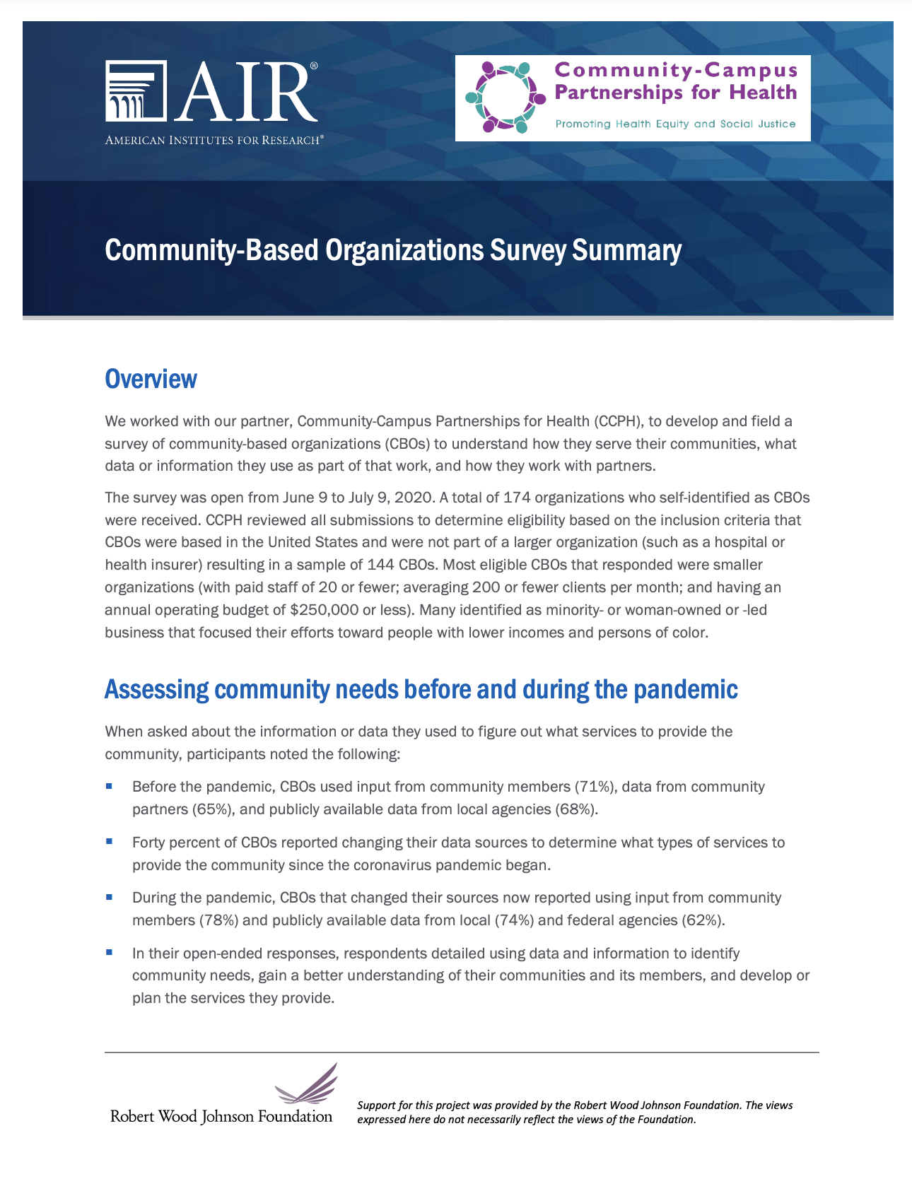 Community-Based Organizations Survey Summary