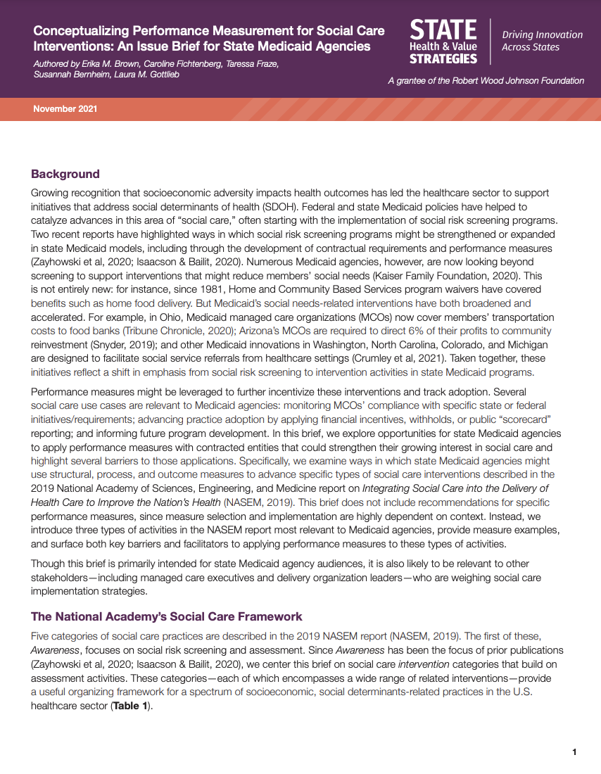 Conceptualizing Performance Measurement for Social Care Interventions: An Issue Brief for State Medicaid Agencies