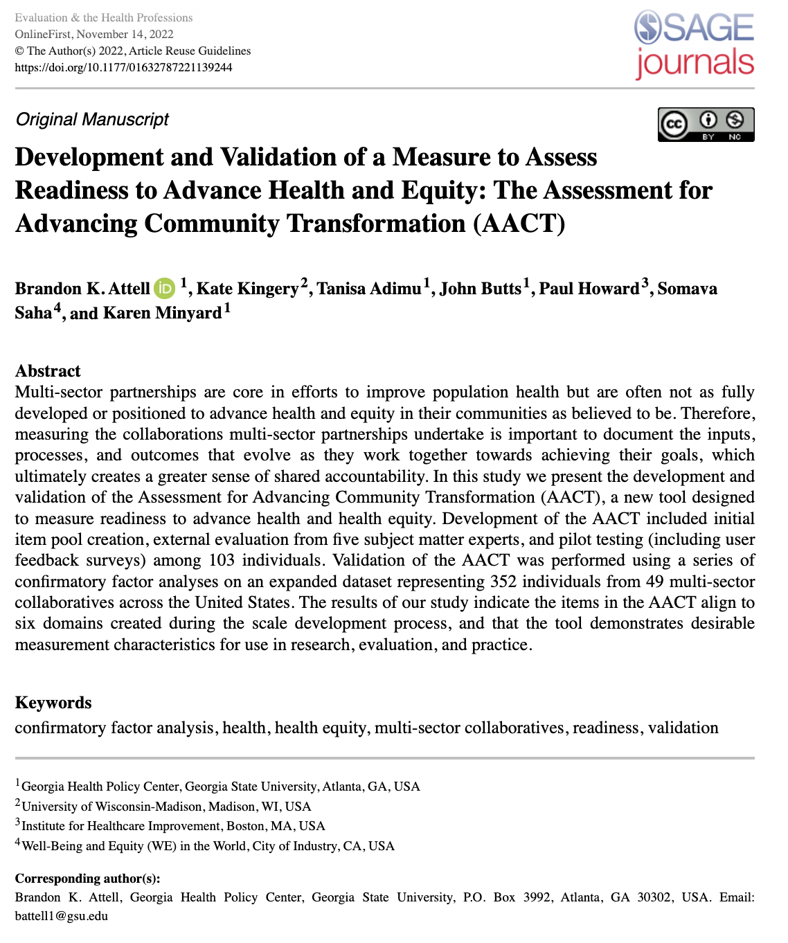 Development and Validation of a Measure to Assess Readiness to Advance Health and Equity: The Assessment for Advancing Community Transformation