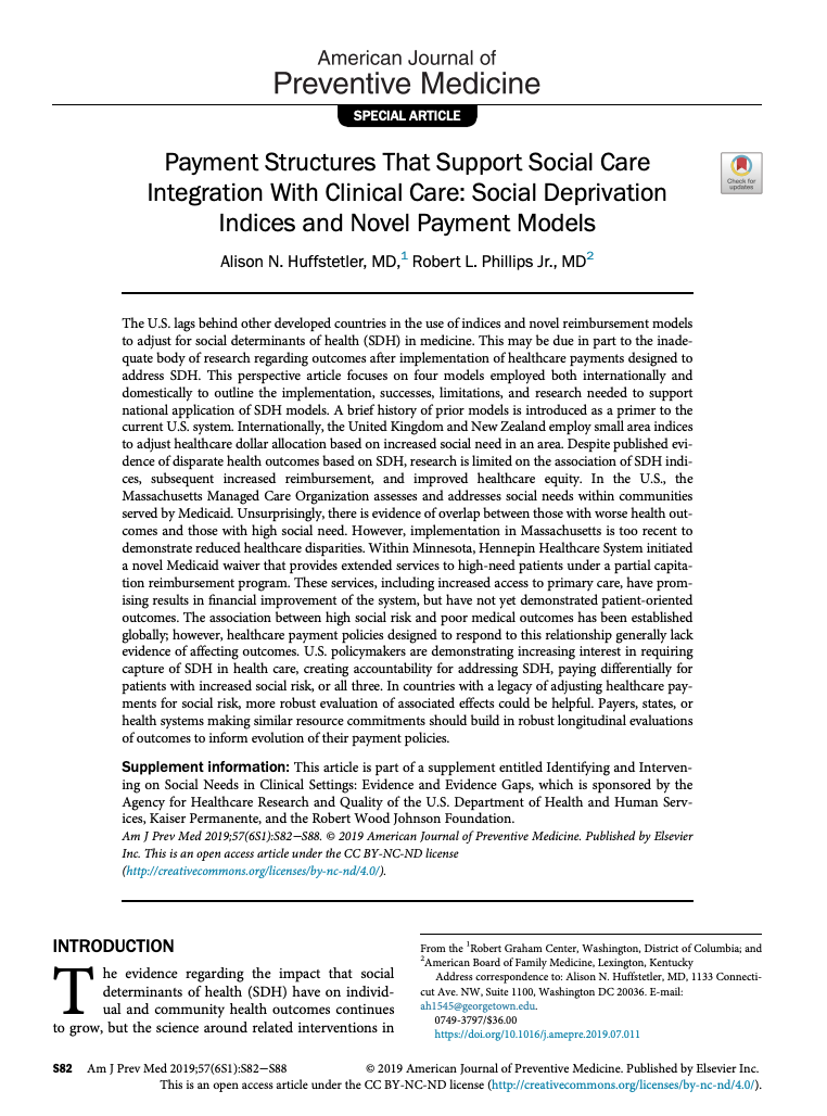 Payment Structures That Support Social Care Integration With Clinical Care: Social Deprivation Indices and Novel Payment Models