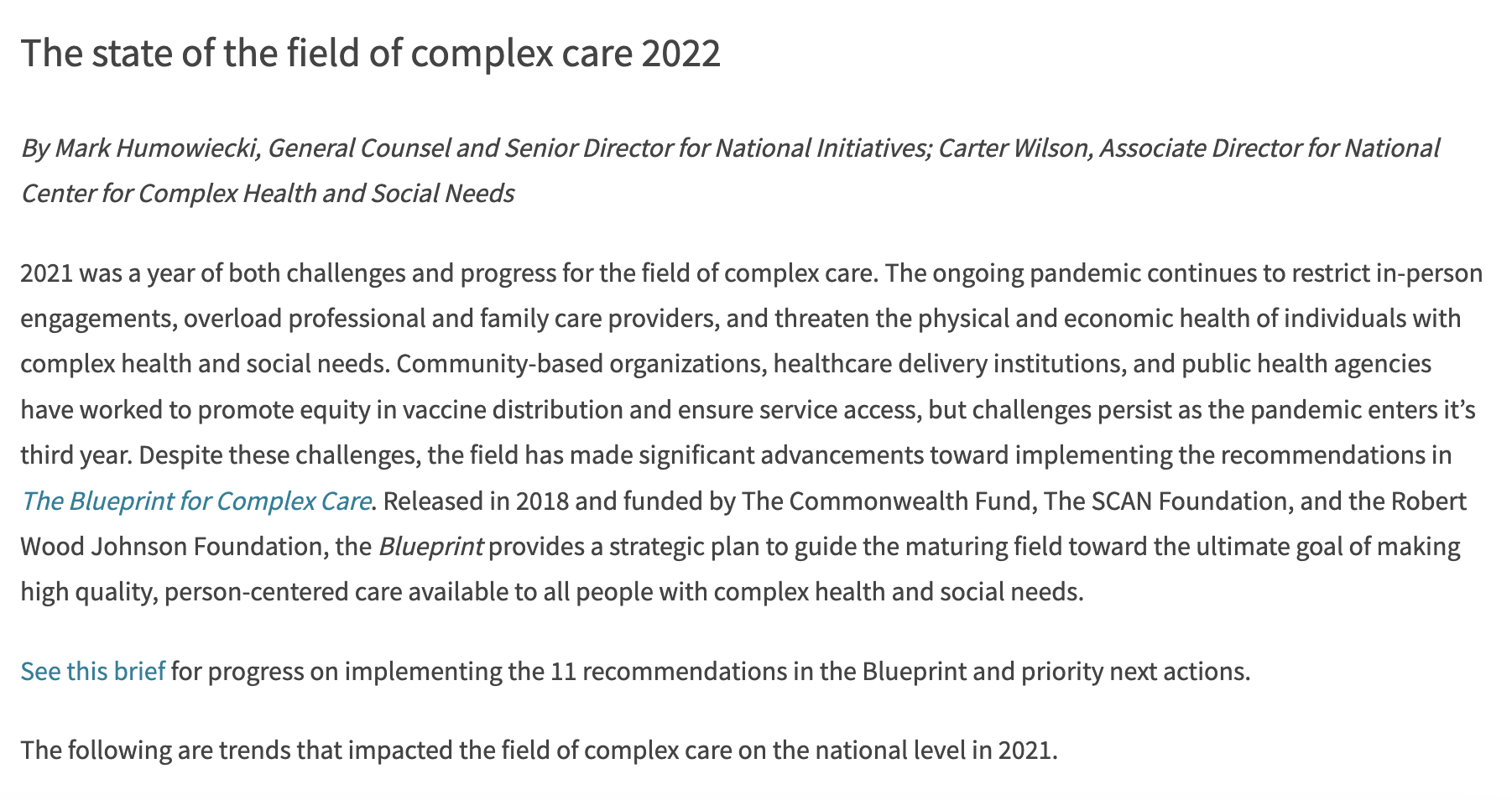 The State of the Field of Complex Care 2022