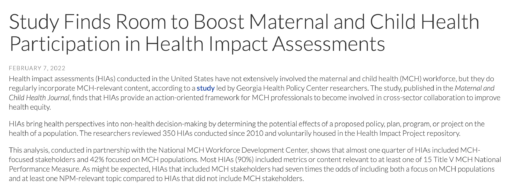 Study Finds Room to Boost Maternal and Child Health Participation in Health Impact Assessments