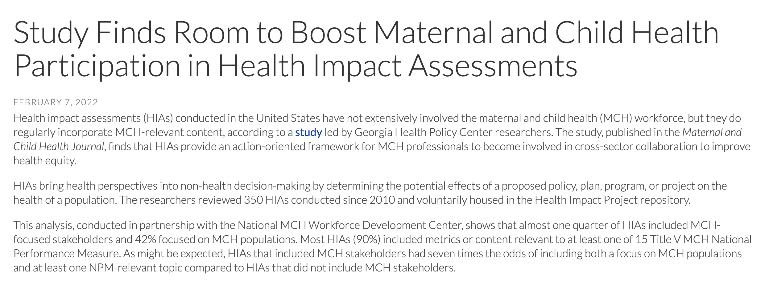 Study Finds Room to Boost Maternal and Child Health Participation in Health Impact Assessments