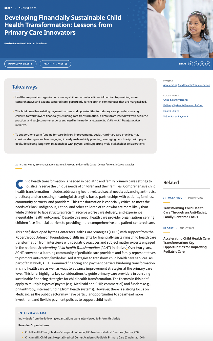 Developing Financially Sustainable Child Health Transformation: Lessons from Primary Care Innovators